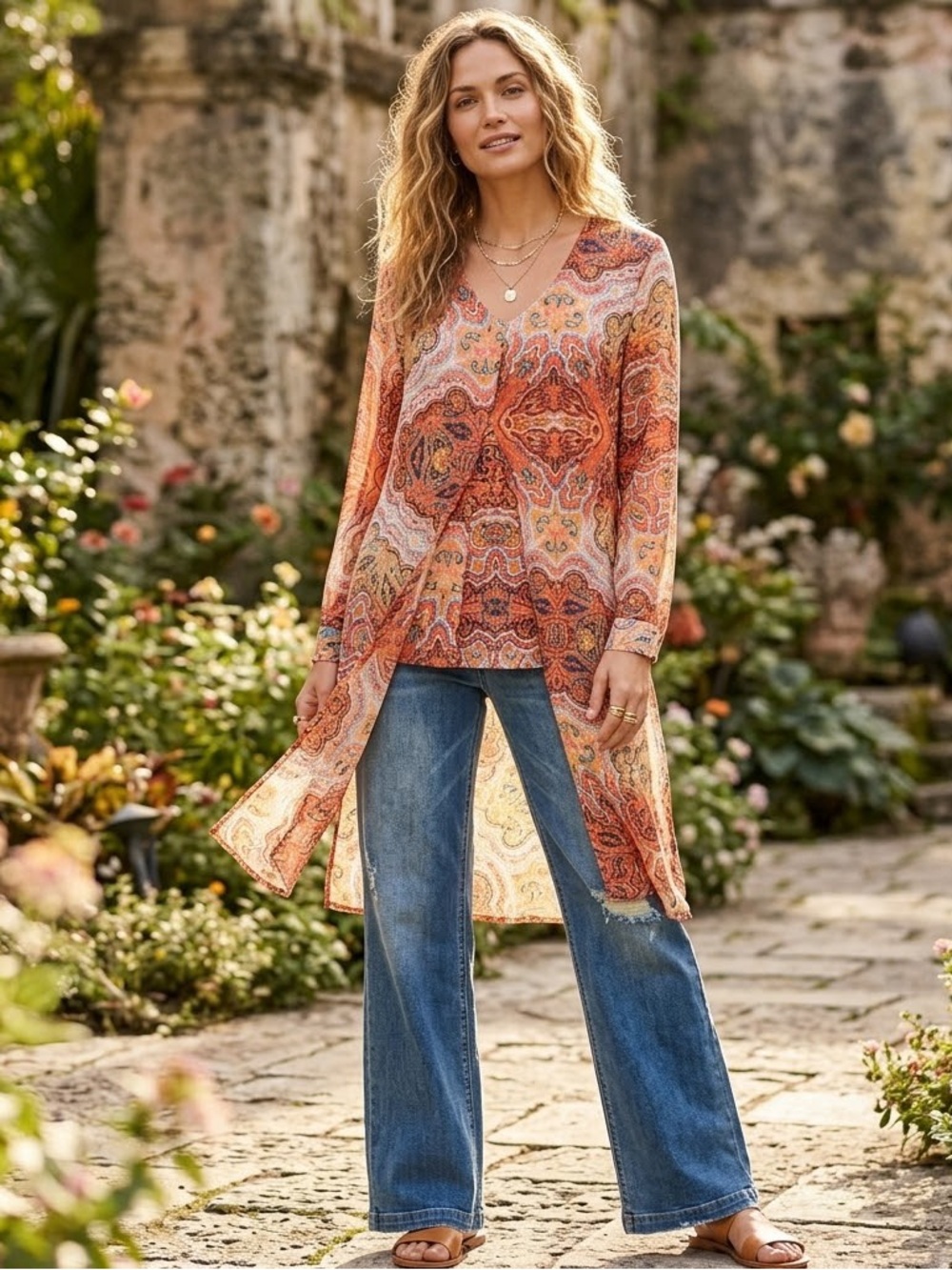 Chico's Orange Paisley Double Layered Longline V-Neck Tunic